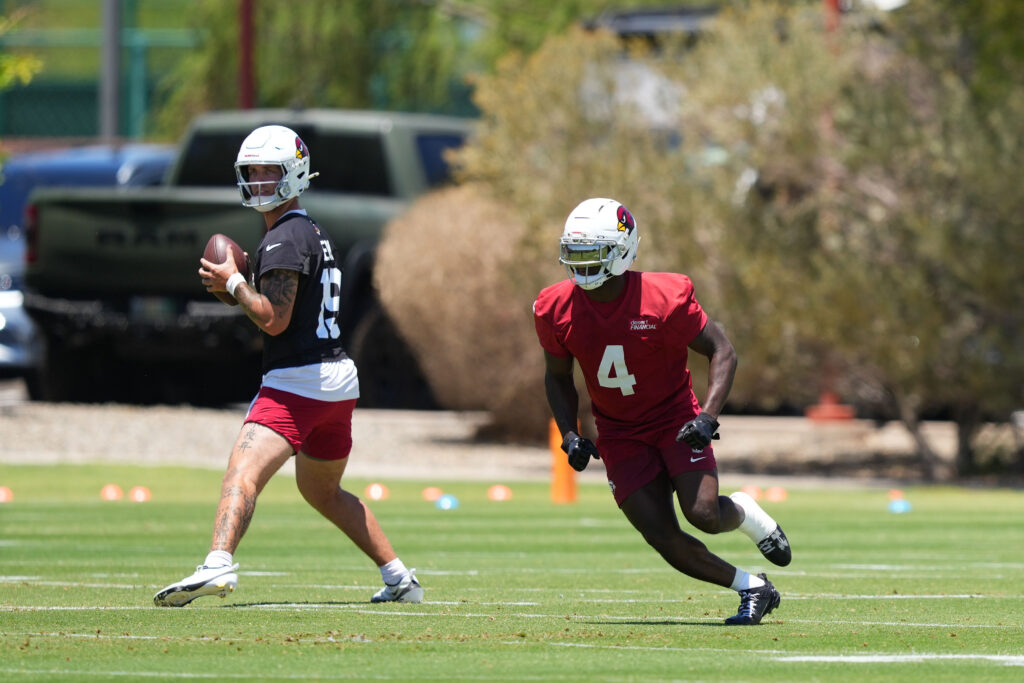 Jun 9, 2026; Tempe, AZ, USA; Arizona Cardinals quarterback Gardner Minshew II (15) Arizona Cardinals running back Jeremiyah Love (4) during minicamp at Arizona Cardinals Training Center. Mandatory Credit: Joe Camporeale-Imagn Images