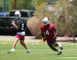 Jun 9, 2026; Tempe, AZ, USA; Arizona Cardinals quarterback Gardner Minshew II (15) Arizona Cardinals running back Jeremiyah Love (4) during minicamp at Arizona Cardinals Training Center. Mandatory Credit: Joe Camporeale-Imagn Images