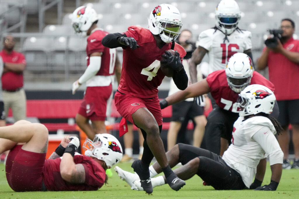 Running back Jeremiyah Love - the No. 3 overall pick in the 2026 NFL Draft - carries the ball during Cardinals training camp on July 26, 2026.