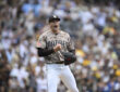 Jul 12, 2026; San Diego, California, USA; San Diego Padres pitcher Mason Miller (22) celebrates after the Padres beat the Toronto Blue Jays at Petco Park. Mandatory Credit: Denis Poroy-Imagn Images