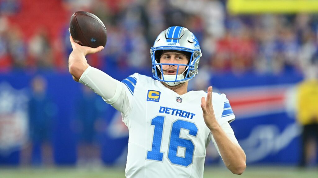 Detroit Lions quarterback Jared Goff cocks the ball to throw during warmups before a game against Buffalo.