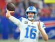Detroit Lions quarterback Jared Goff cocks the ball to throw during warmups before a game against Buffalo.