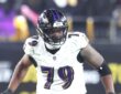 Baltimore Ravens offensive tackle Ronnie Stanley sets up in a wide stance to block.