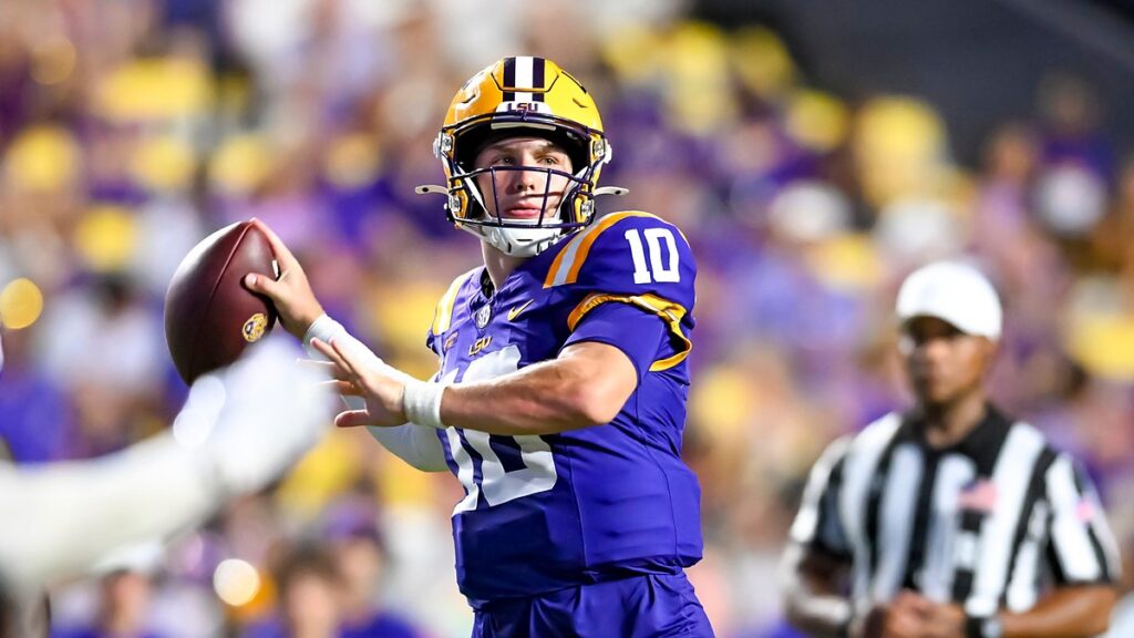 LSU Tigers quarterback Sam Leavitt cocks the ball to throw during a game against Louisiana Tech